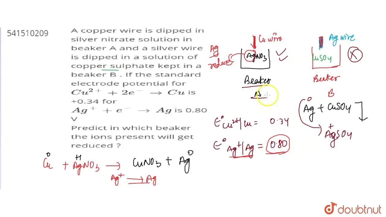 A copper wire is dipped in silver nitrate solution in beaker A and a s