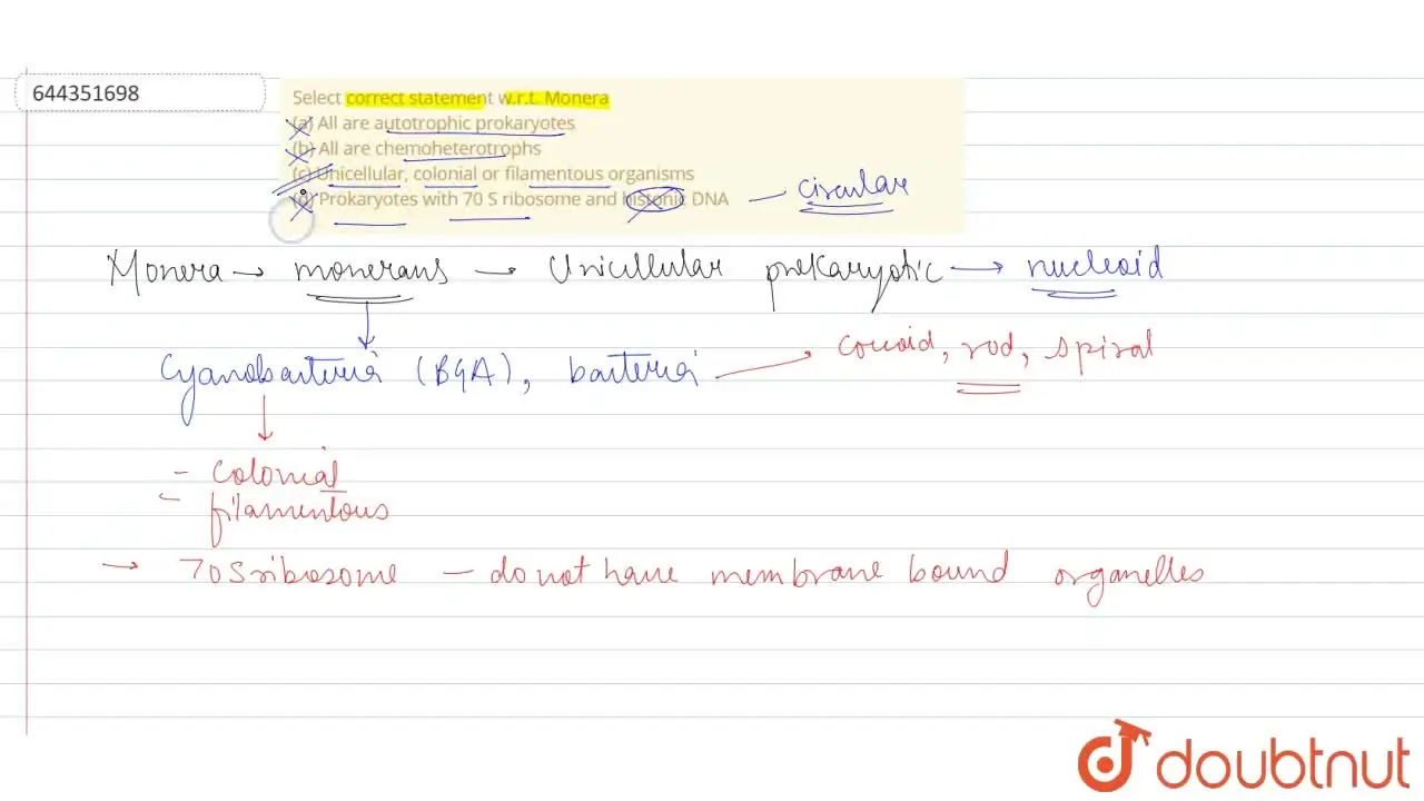 Select correct statement w.r.t. Monera(a) All are autotrophic prokaryotes  (b) All are chemoheterotrophs (c) Unicellular, colonial or filamentous  organisms (d) Prokaryotes with 70 S ribosome and histonic DNA