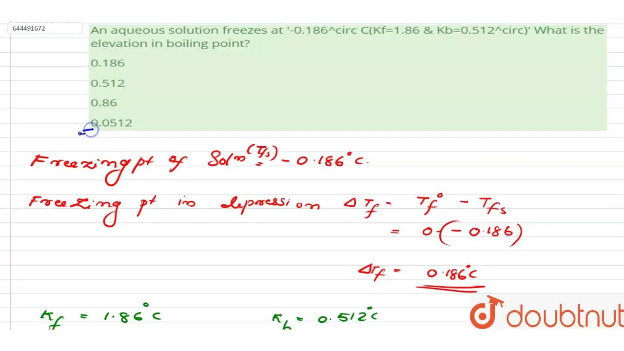 [Malayalam] An aqueous solution freezes at '-0.186^circ C(Kf=1.86 & Kb