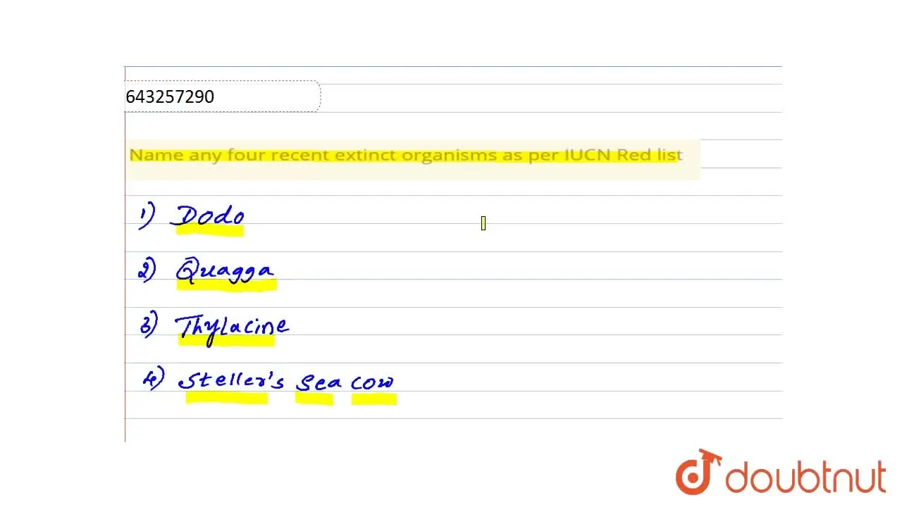 [Kannada Solution] Name any four recent extinct organisms as per IUCN