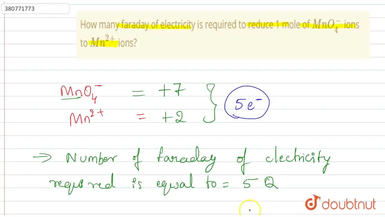 [Kannada] How many faraday of electricity is required to reduce 1 mole