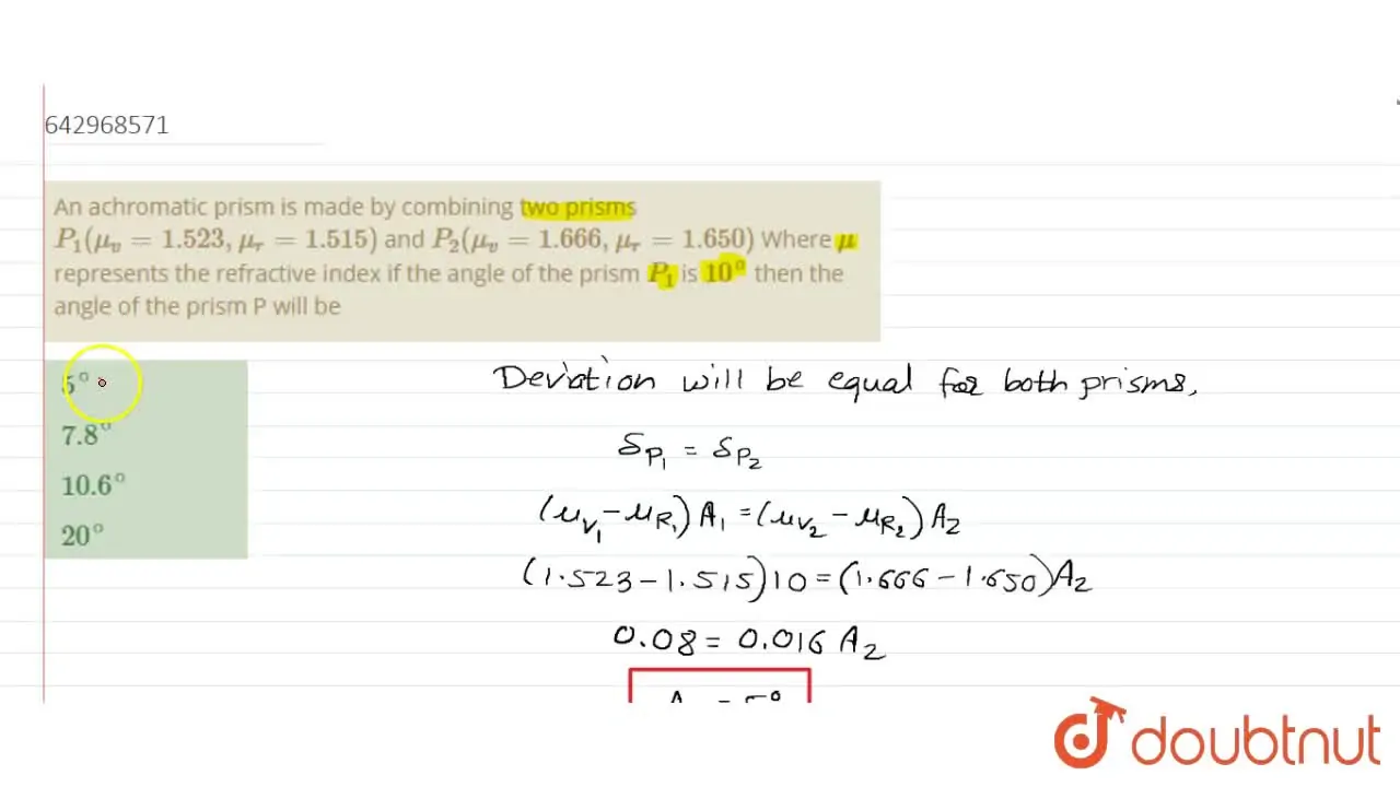 [Marathi] An achromatic prism is made by combining two prisms P(1)(mu(