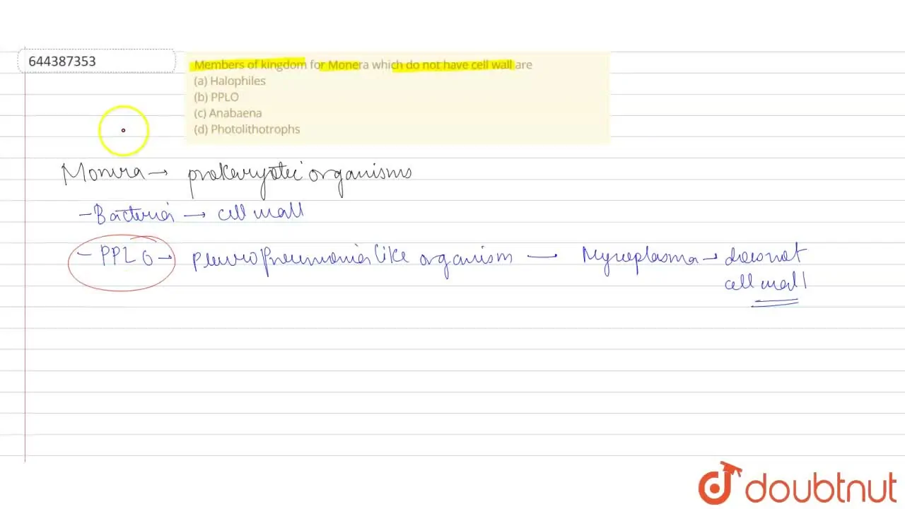 Members of kingdom for Monera which do not have cell wall are (a)  Halophiles (b) PPLO (c) Anabaena (d) Photolithotrophs