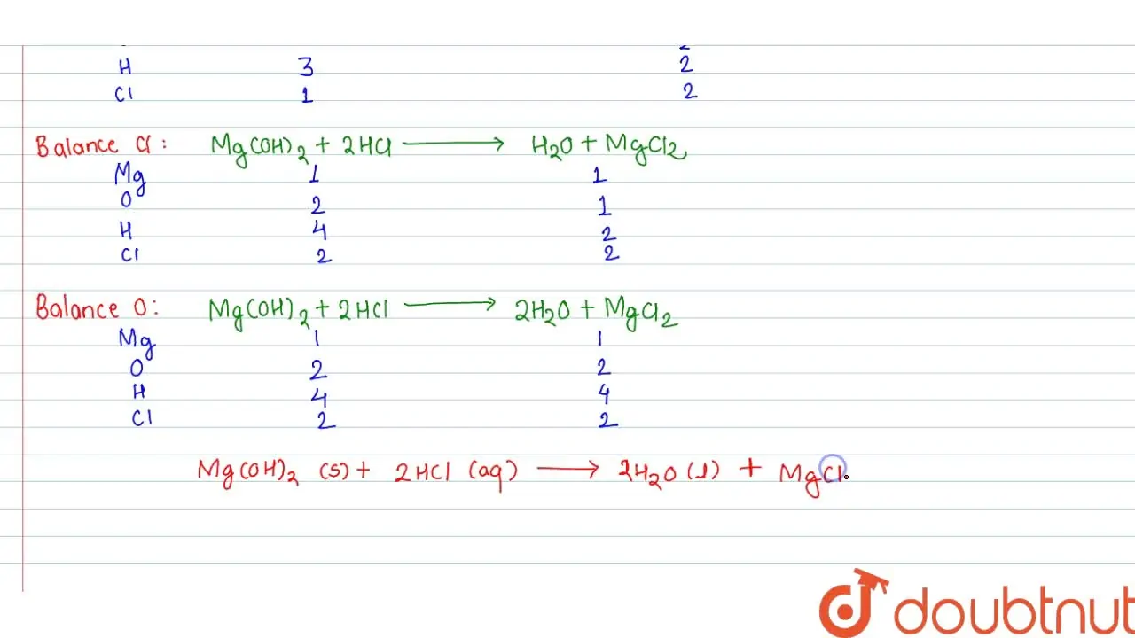 [Marathi] Balance the following chemical equations Mg(OH)(2(s))+HC