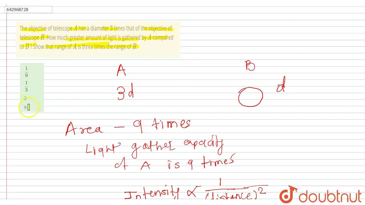 [Marathi] The objective of telescope A has a diameter 3 times that of