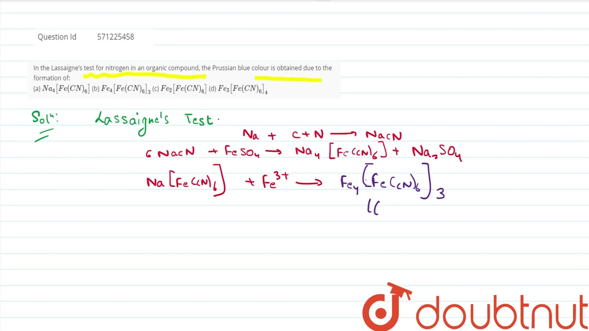 In the Lassaigne’s test for nitrogen in an organic compound, the Pruss