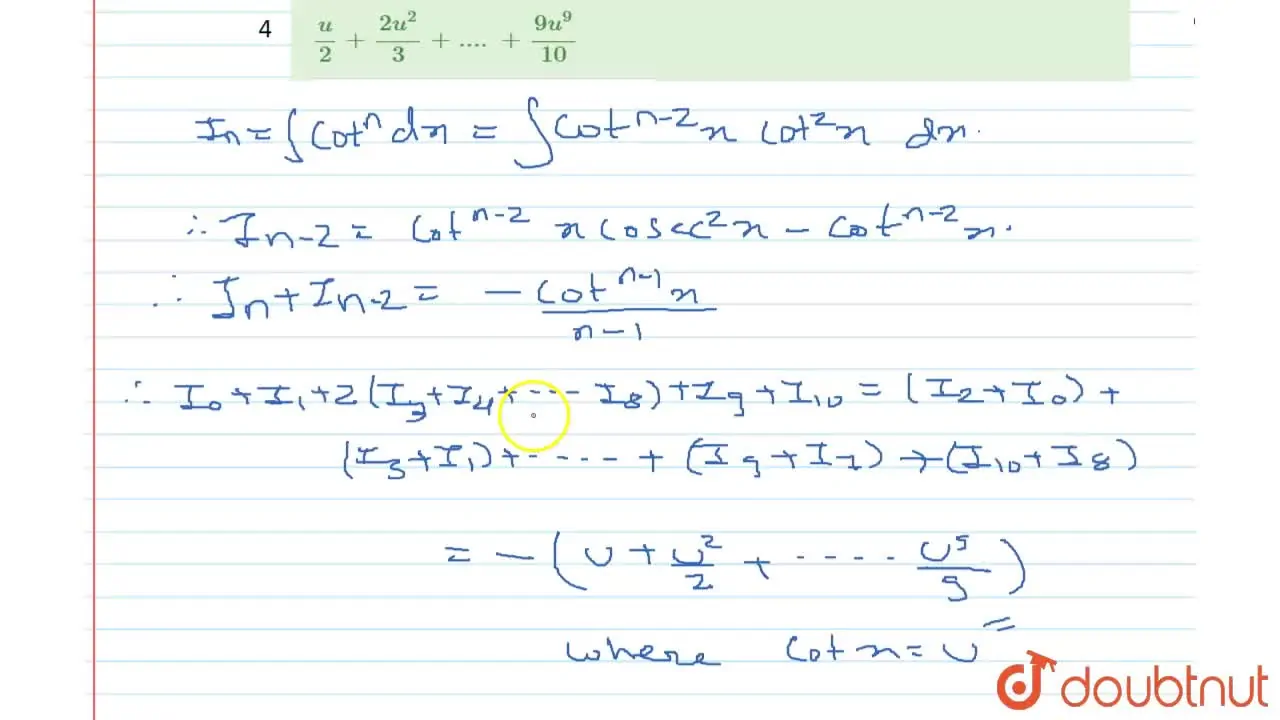 [Gujrati] Method of integration by parts : If I(n)=int cot^(n)x dx t