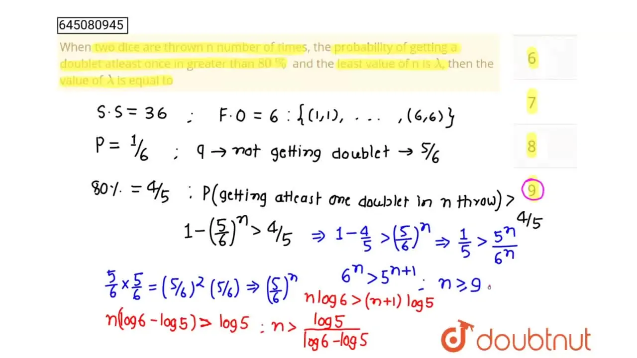 When two dice are thrown n number of times, the probability of getting