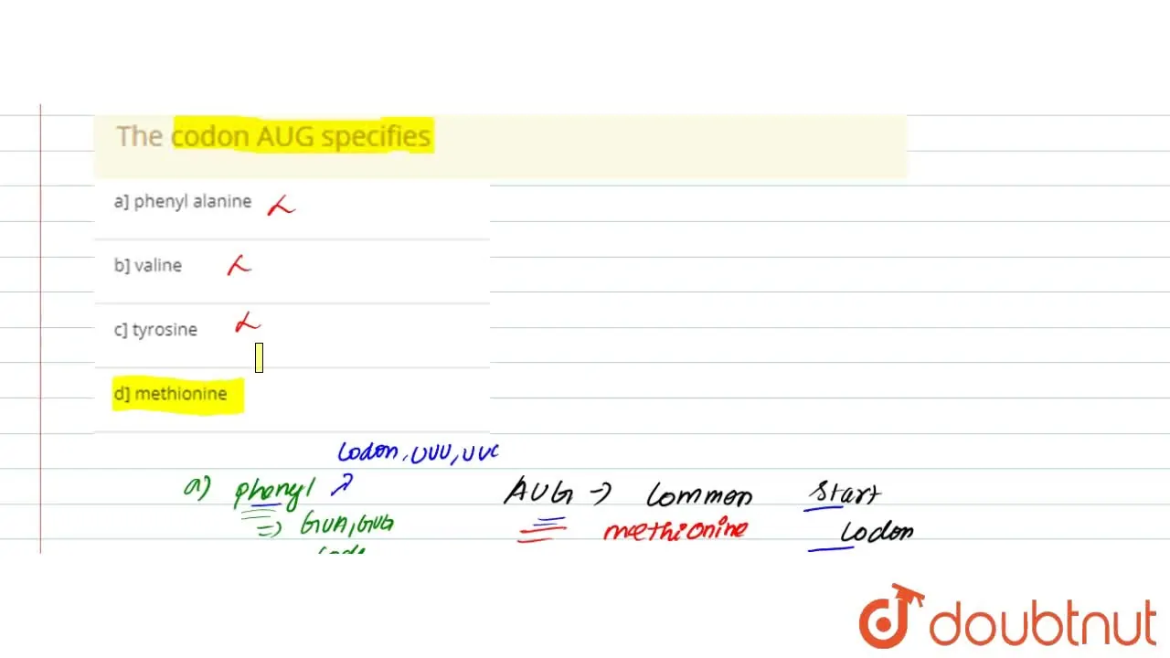 [Tamil Solution] The codon AUG specifies