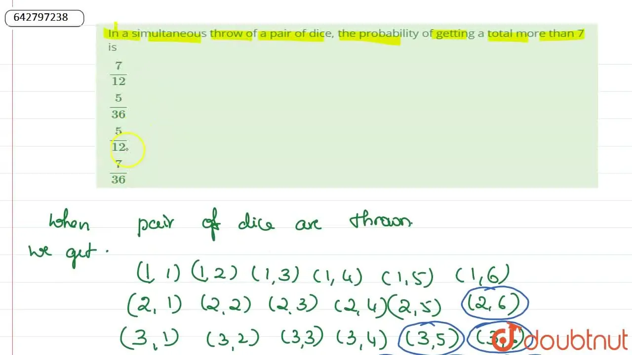 [Kannada] In a simultaneous throw of a pair of dice, the probability o