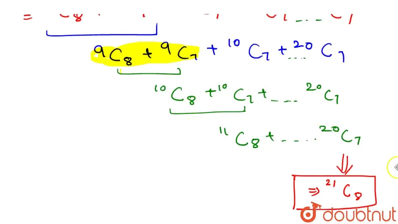 In "^7C7+^8C7+^9C7+^(10)C7+.......+^(20)C7= 1. "^21 C8 2. "^21