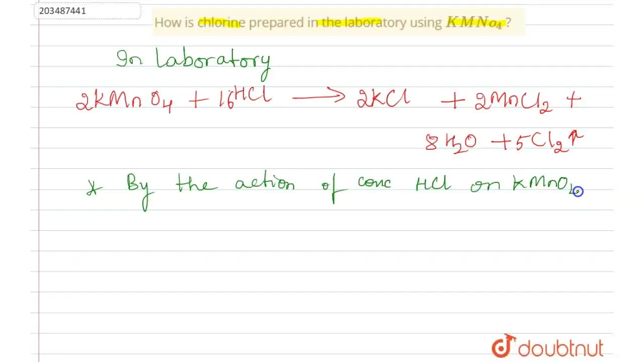 [Kannada] How is chlorine prepared in the laboratory using KMNo(4)