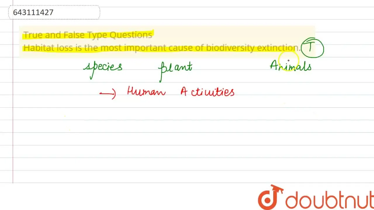 [Punjabi Solution] True and False Type Questions Habitat loss is the