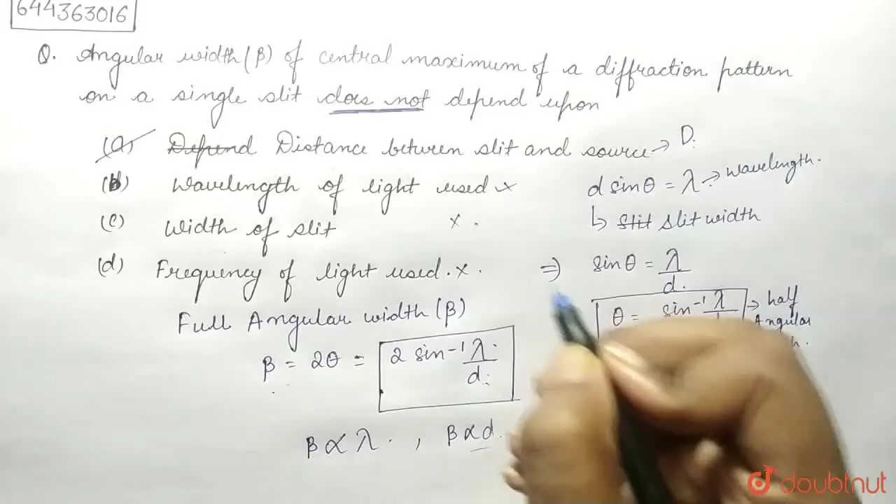 Angular Width Of Central Maximum Of A Diffraction Pattern On A Single