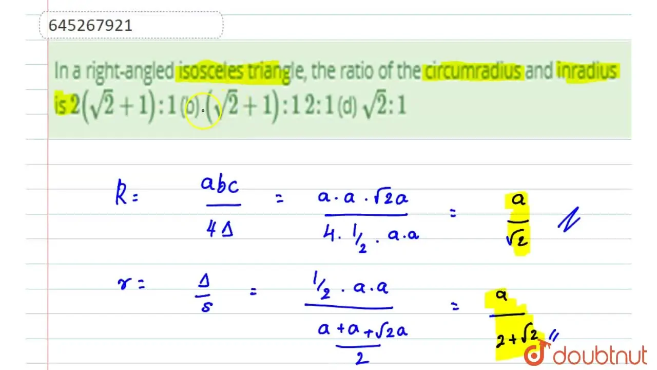 [Tamil] In a rightangled isosceles triangle, the ratio of the circumr