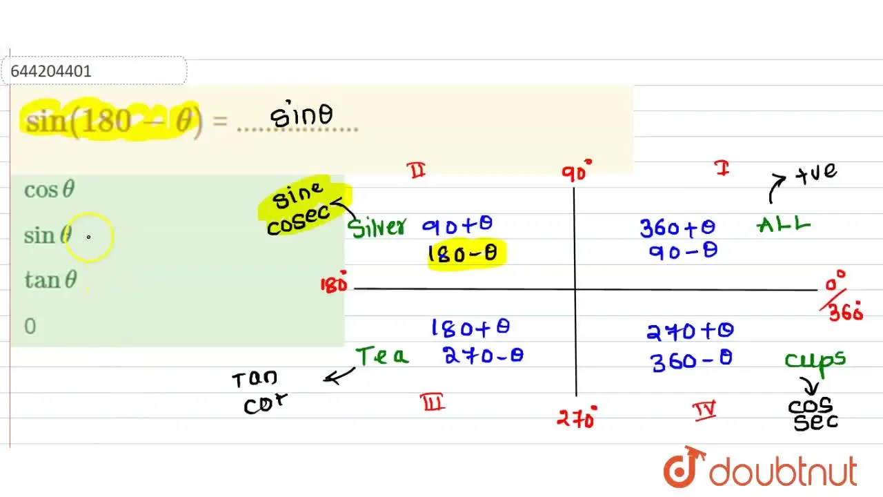 Telugu] sin(180-theta) = ……………..