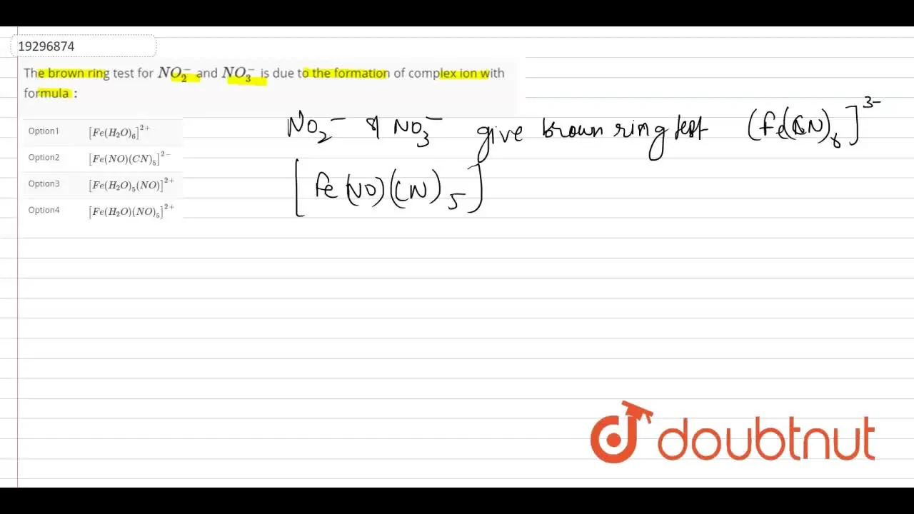 In the ring test for identification of nitrate ion, what is the formul