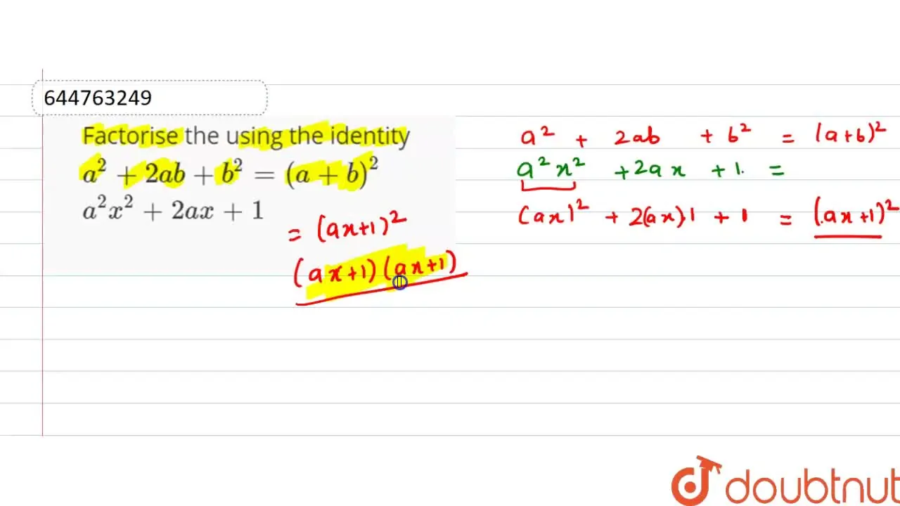 Factorise the using the identity a ^(2) + 2 ab + b ^(2) = (a + b) ^(2