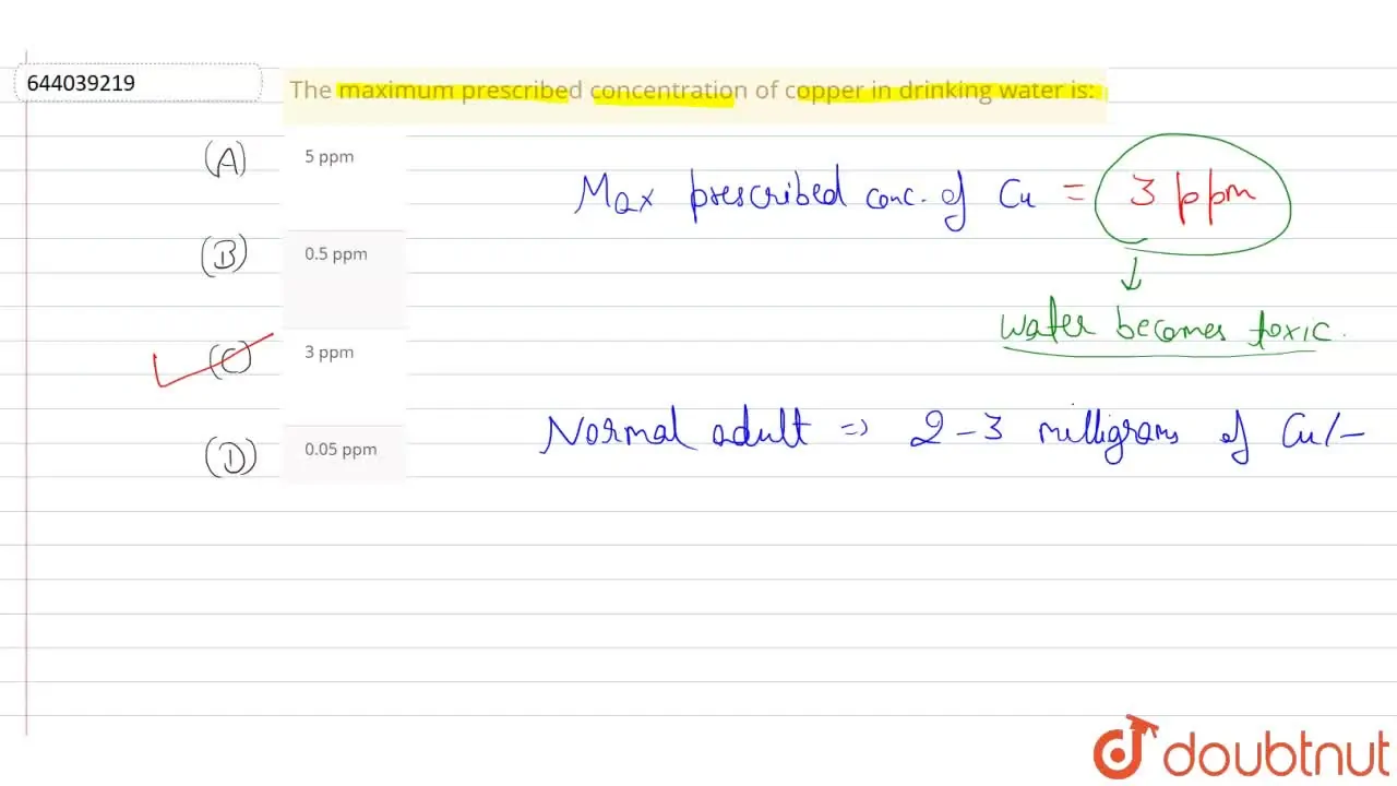 The maximum prescribed concentration of copper in drinking water is