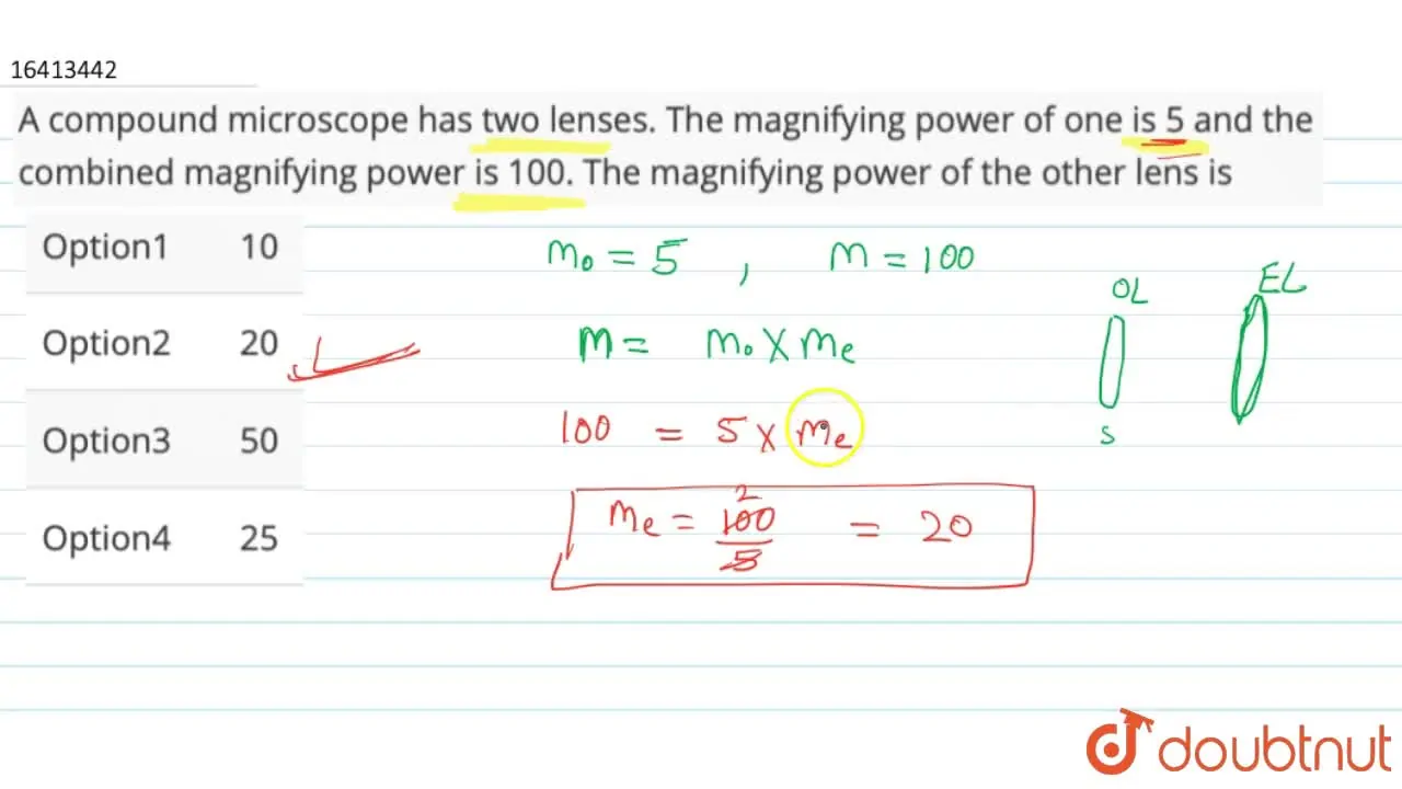 A compound microscope has two lenses. The magnifying power of one is 5