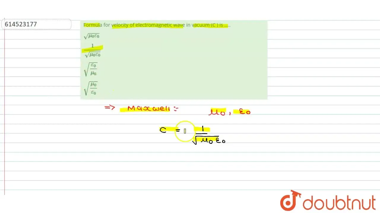 [Gujrati] Formula for velocity of wave in vacuum (C )