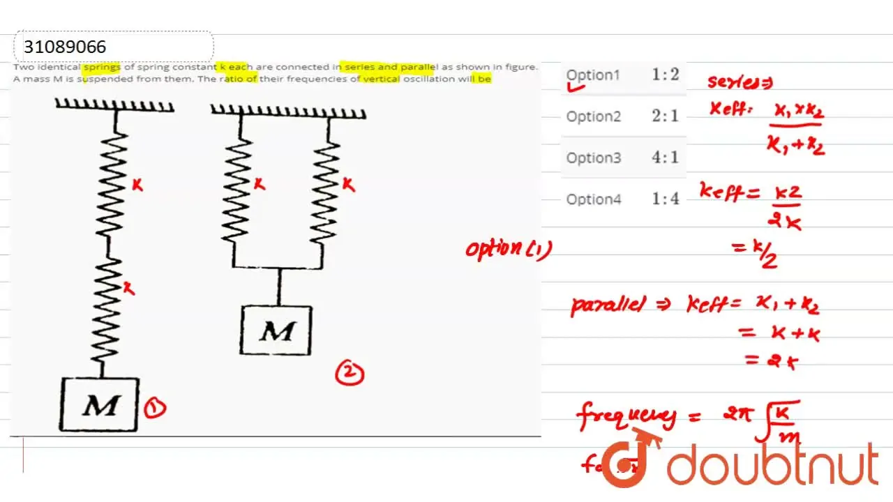 Two identical springs of spring constant k each are connected in serie