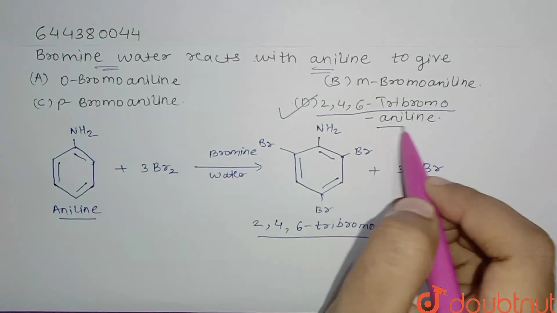 Bromine water reacts with aniline to give