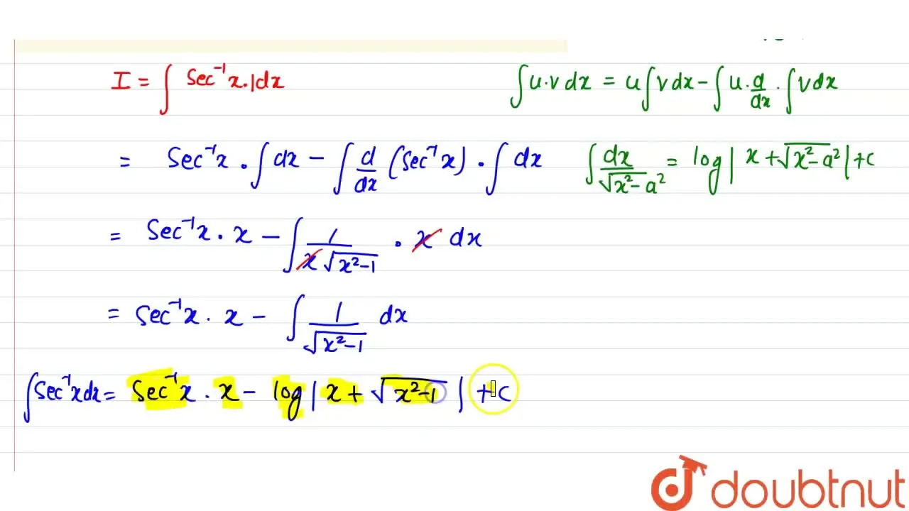 What is the integral of `sec^-1x` ?