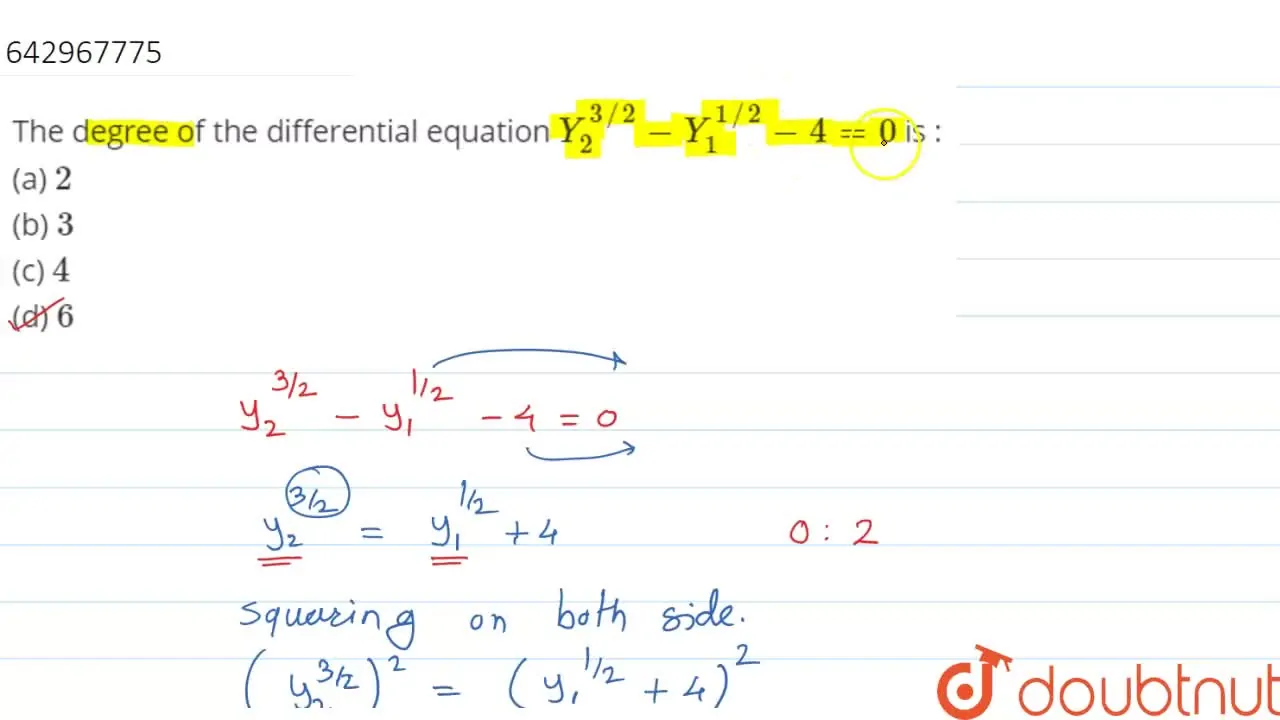 [Marathi] The degree of the differential equation Y(2) ^(3//2) Y(1)^(