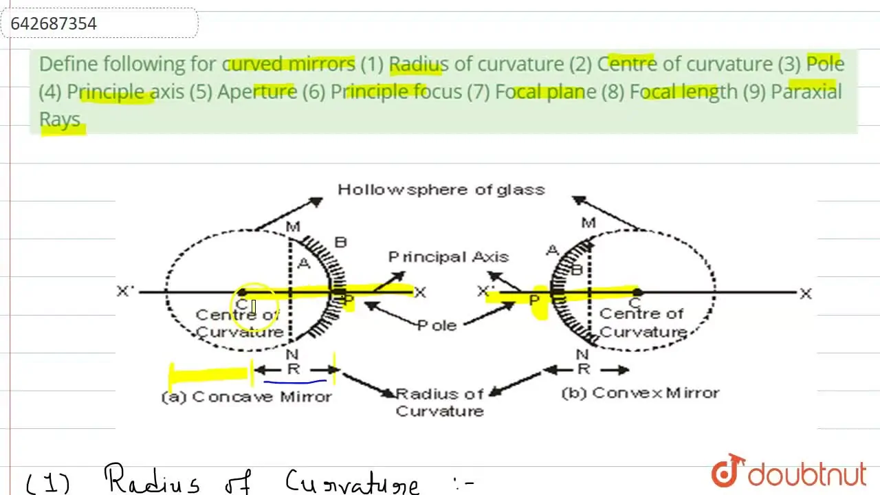 [Gujrati] Define following for curved mirrors (1) Radius of curvature