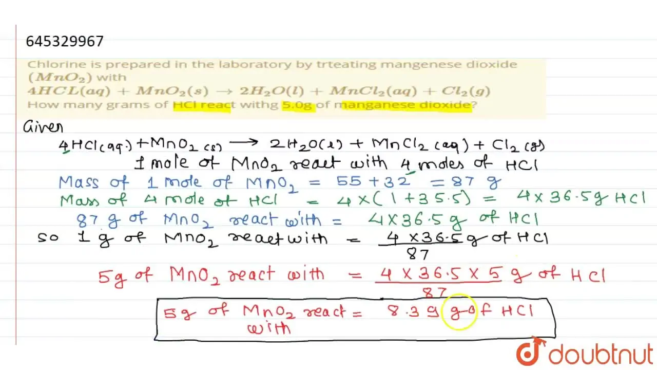 [Marathi] Chlorine is prepared in the laboratory by trteating mangenes