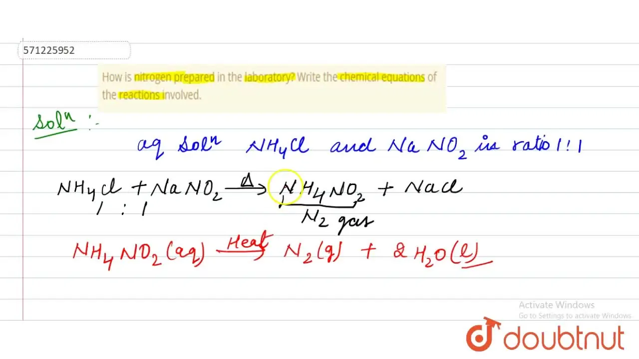 How is nitrogen prepared in the laboratory? Write the chemical equatio