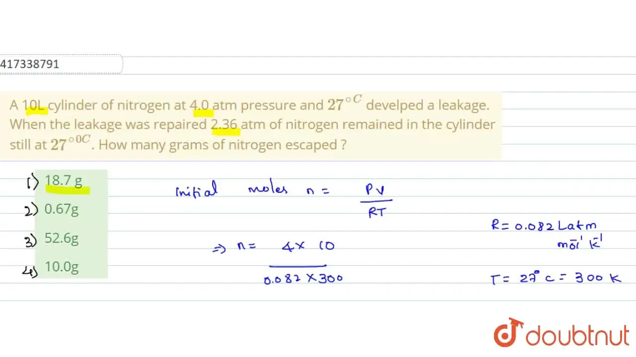 [Kannada] A 10L cylinder of nitrogen at 4.0 atm pressure and 27^( C d
