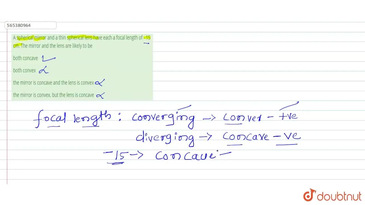 [Kannada] A spherical mirror and a thin spherical lens have each a foc