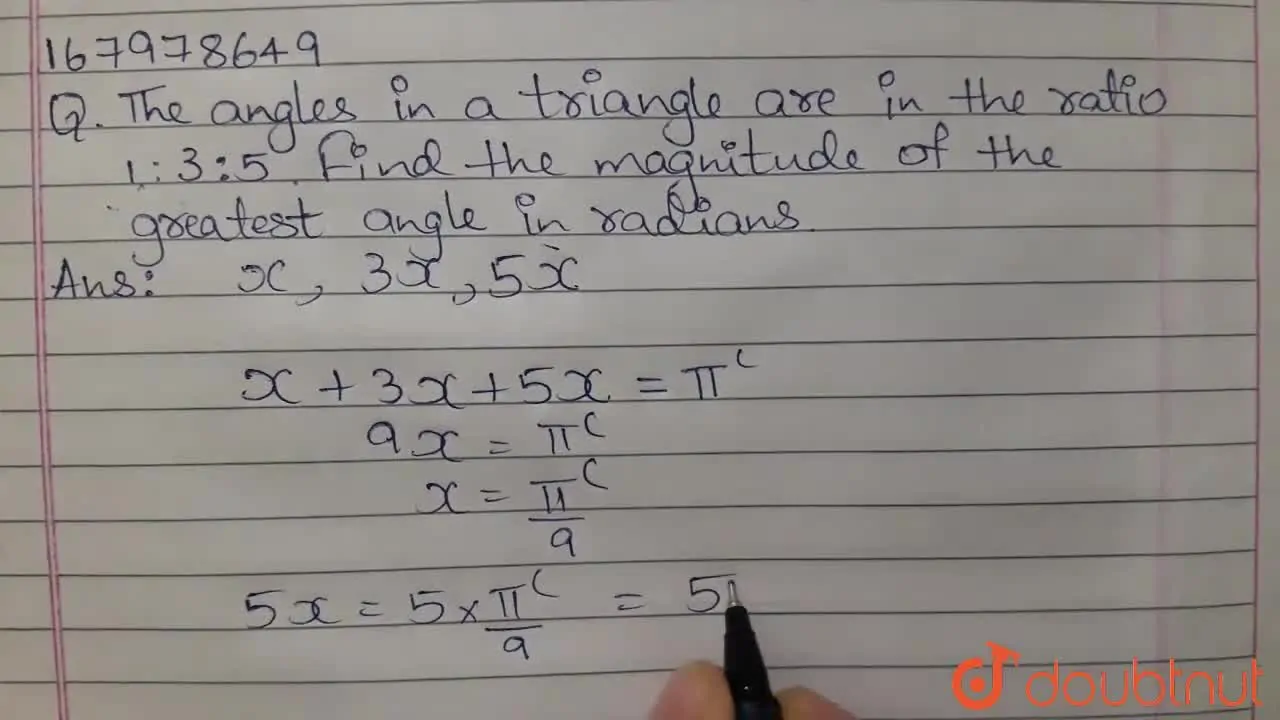 [Kannada] The angles is a triangle are in the ratio 135. Find the ma