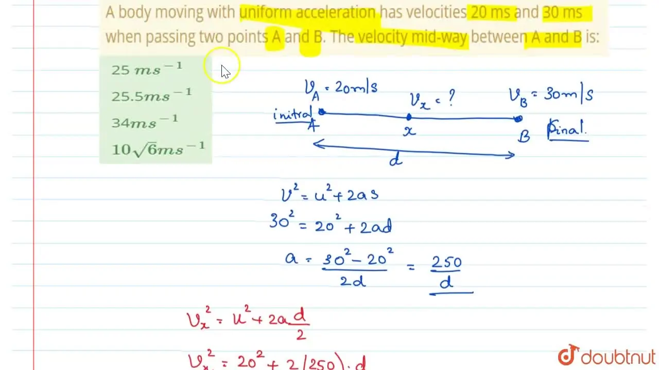 [Kannada] A body moving with uniform acceleration has velocities 20 ms