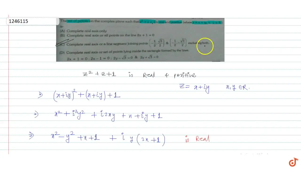 The set of points on the complex plane such that `z^2 + z+ 1` is