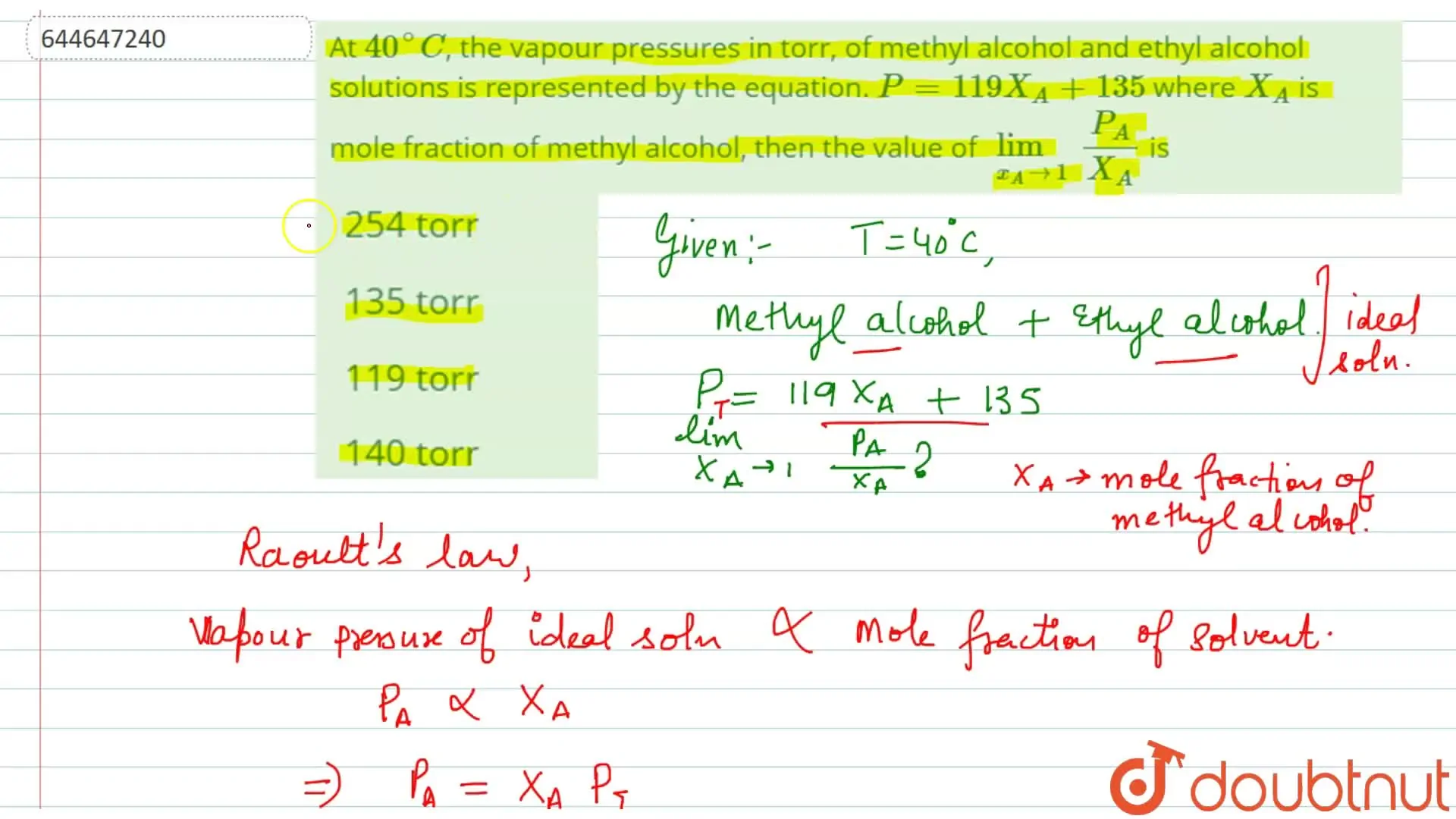 At 40^()C, the vapour pressures in torr, of methyl alcohol and ethyl