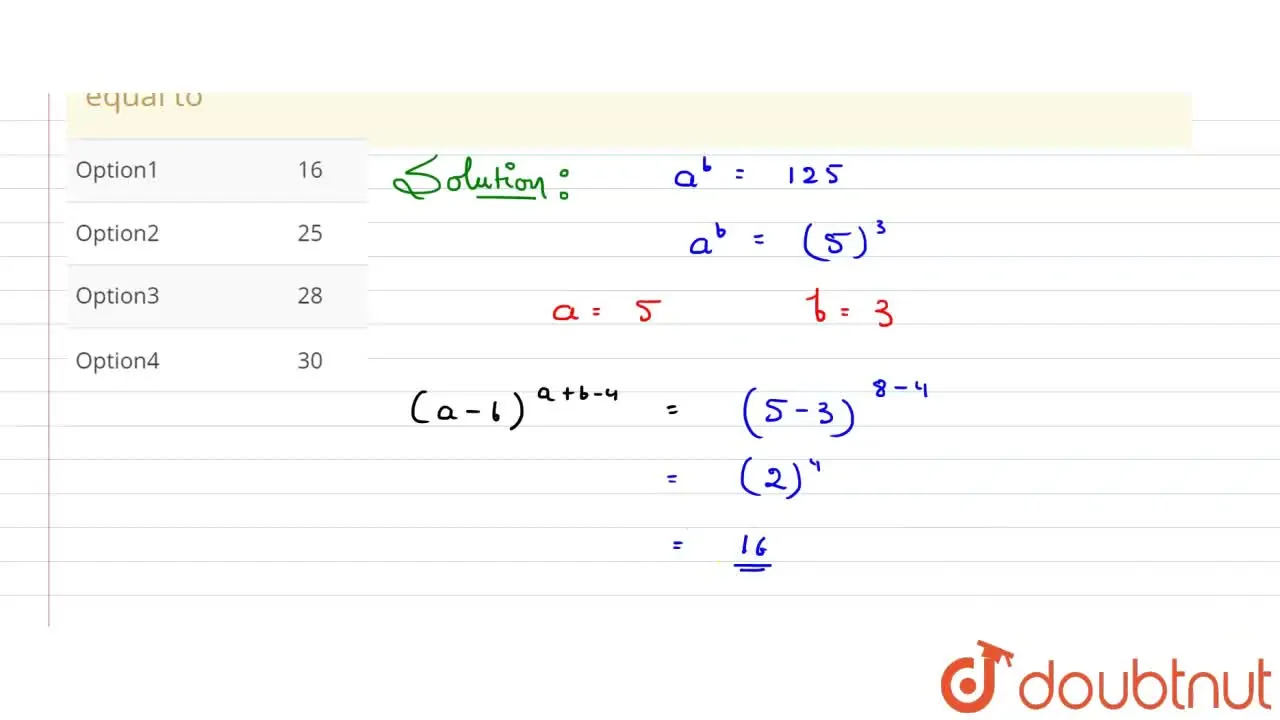 If A And B Are Positive Integers Such That A^(b)=125, Then (a-b)^(a+b-