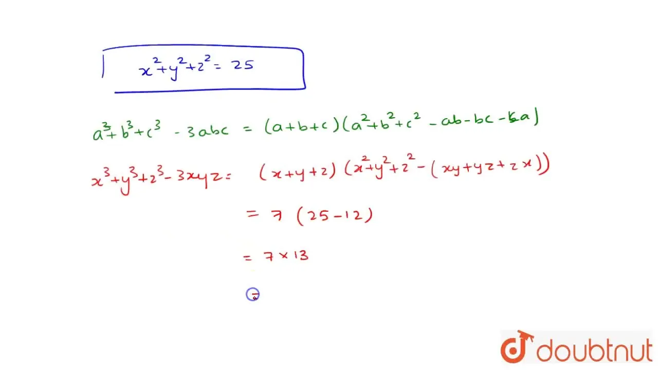 If `x+y+z=7,xy+yz+zx=12`, find the value of `x^(3)+y^(3)+z^(3)-3xyz`.