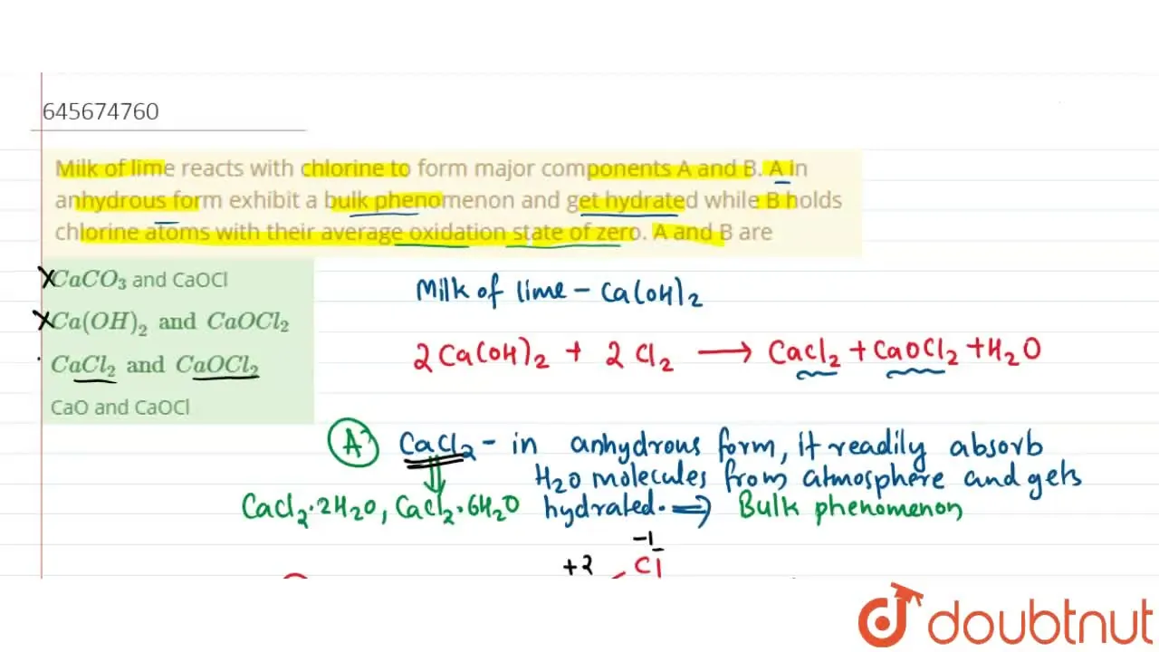 [Malayalam] Milk of lime reacts with chlorine to form major components