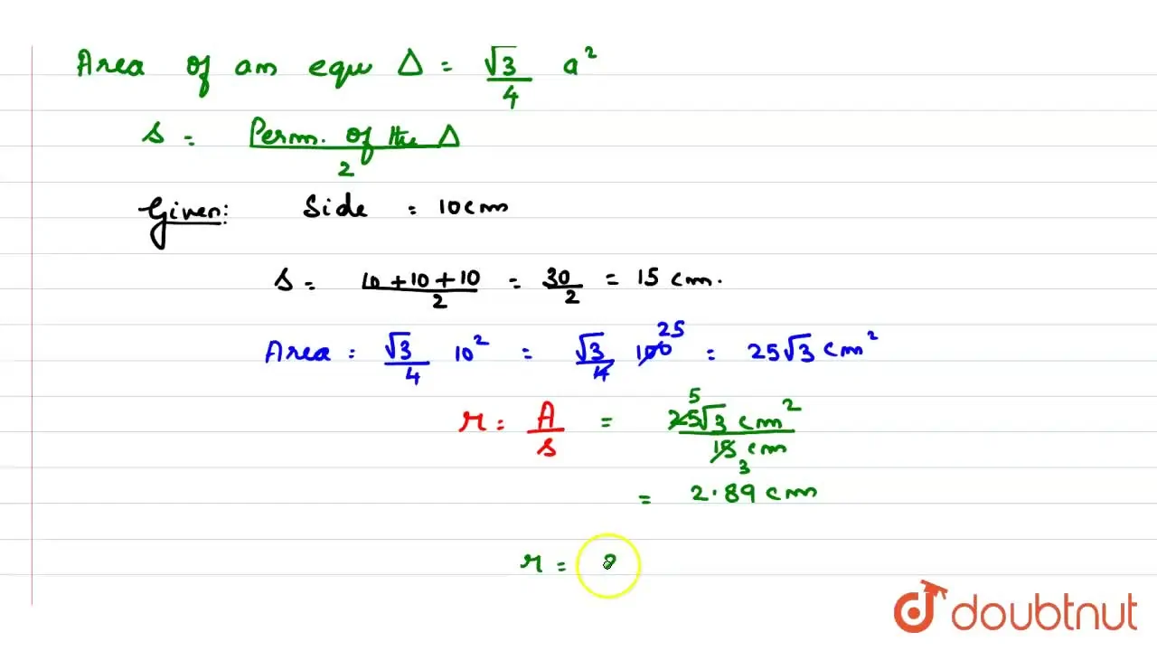[Malayalam] Find the in radius of an equilateral triangle of side 10cm