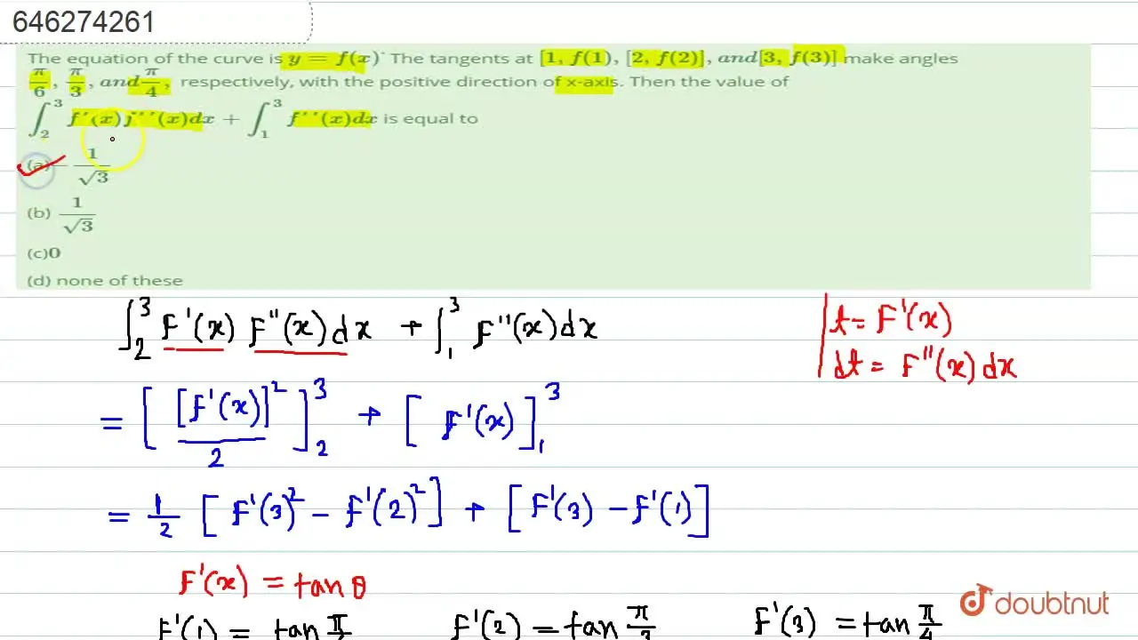 [Bengali] The equation of the curve is y=f(x)dot The tangents at [1,f(