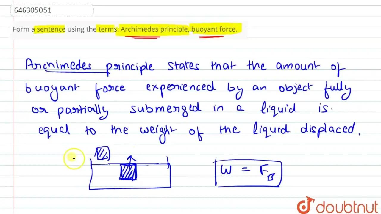 Form a sentence using the terms Archimedes principle, buoyant force.