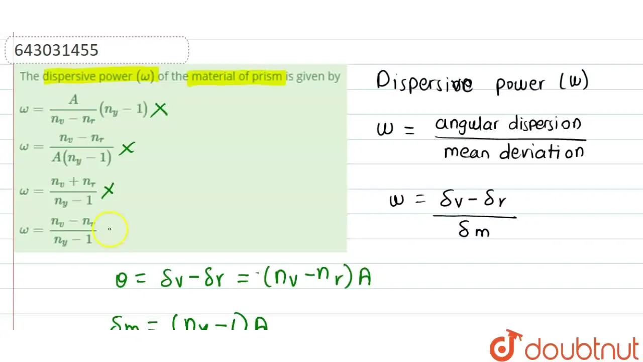 [Marathi] The dispersive power (omega) of the material of prism is giv
