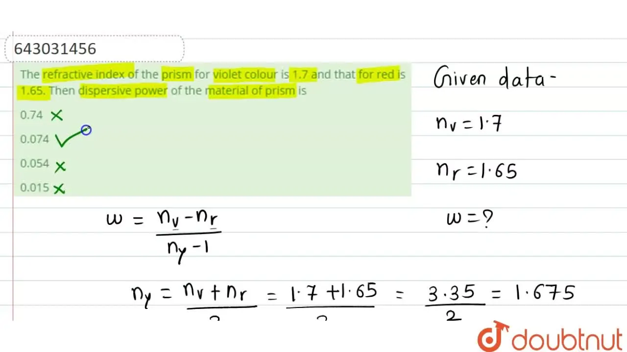[Marathi] The refractive index of the prism for violet colour is 1.7 a