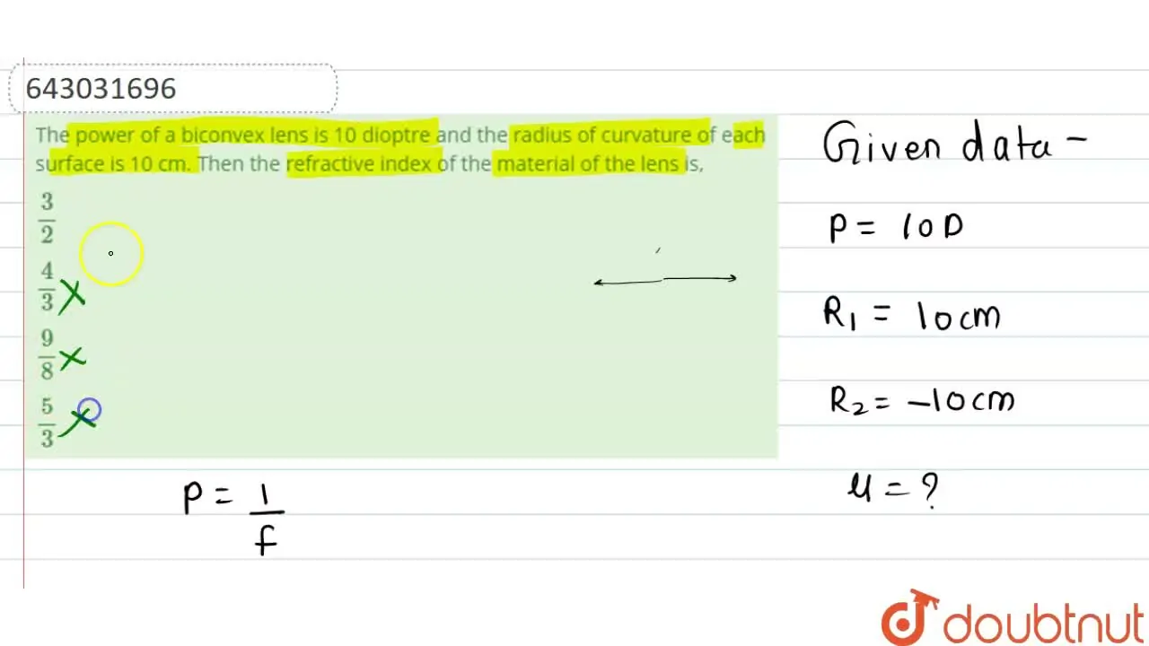 [Marathi] The power of a biconvex lens is 10 dioptre and the radius of