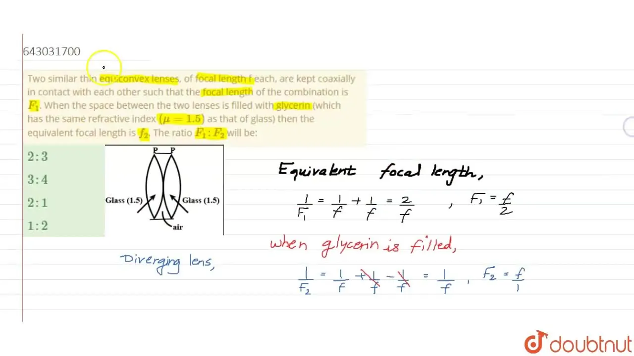 [Marathi] Two similar thin equiconvex lenses, of focal length f each,