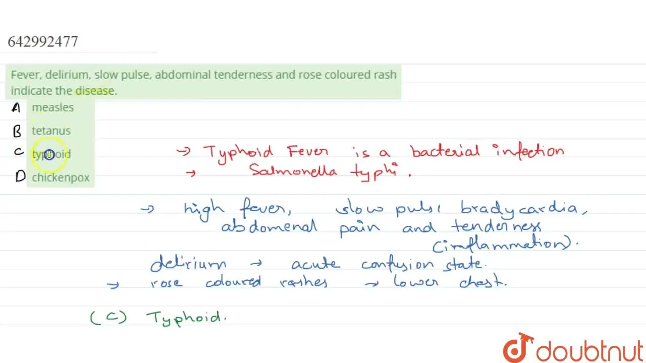 Fever, delirium, slow pulse, abdominal tenderness and rose coloured ra
