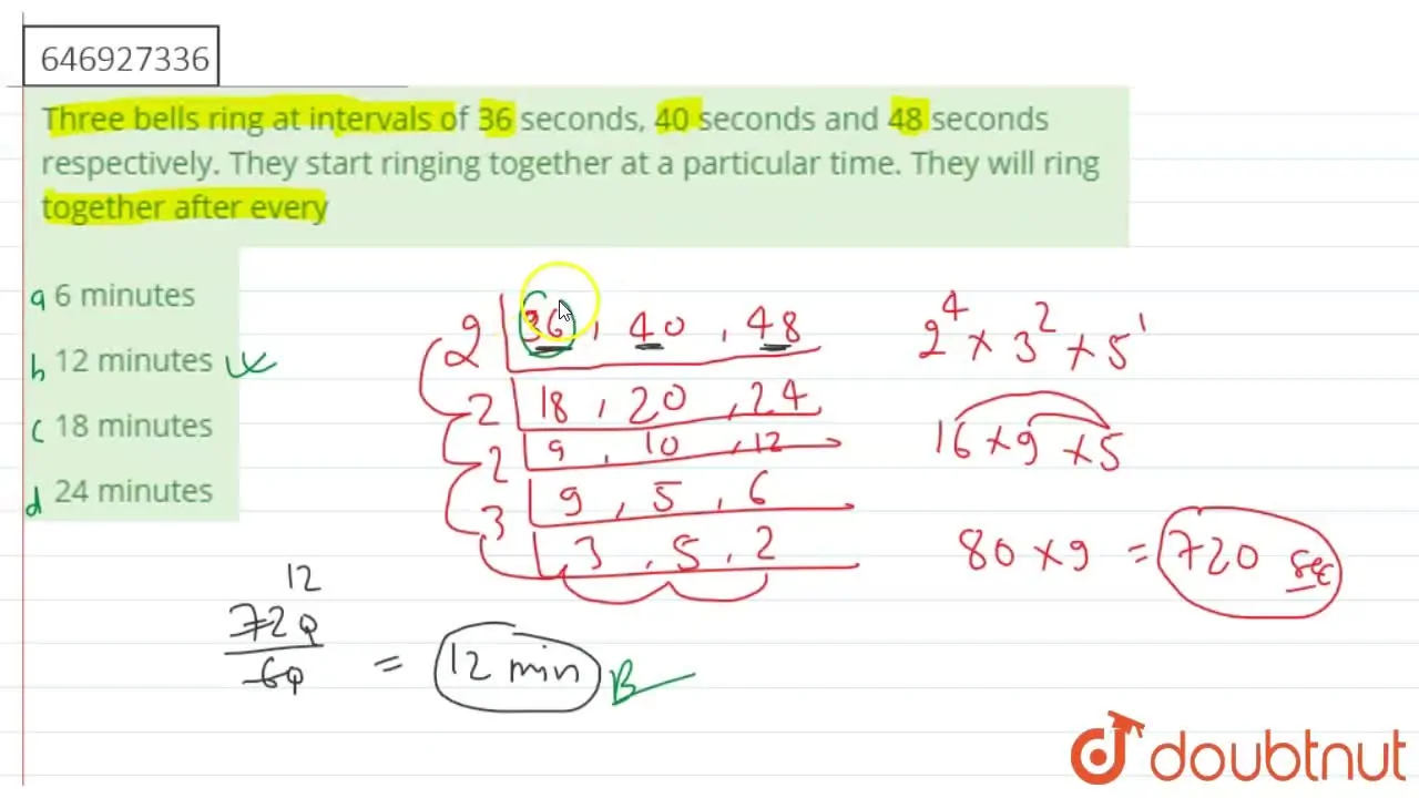 Three bells ring at intervals of 36 seconds, 40 seconds and 48 seconds